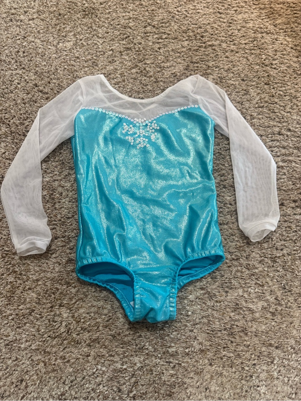 Elsa Inspired Leo Sparkling Turquoise Long Sleeve Leotard w/ Sheer White Sleeves